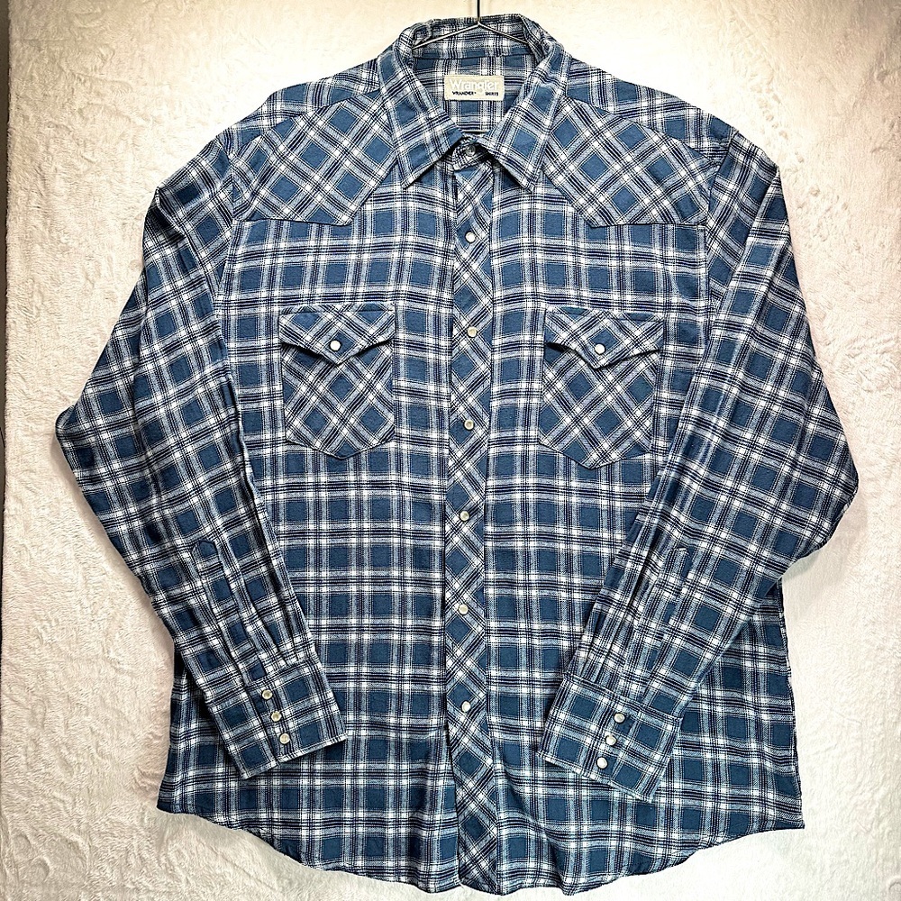 Wrangler Wrancher Western Flannel Shirt Pearl Snaps Blue Plaid